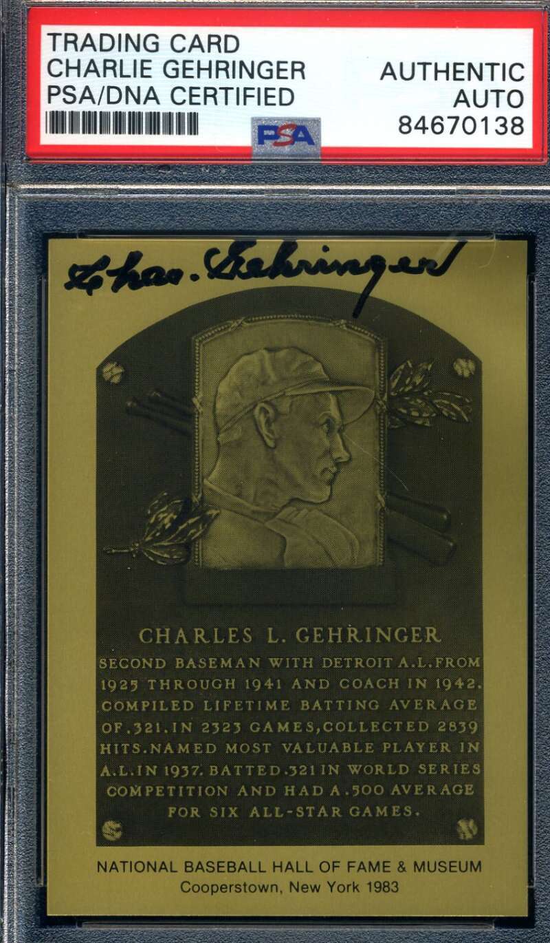 Charlie Gehringer PSA DNA Signed Gold Metallic Hall Of Fame Plaque Set Break Aut