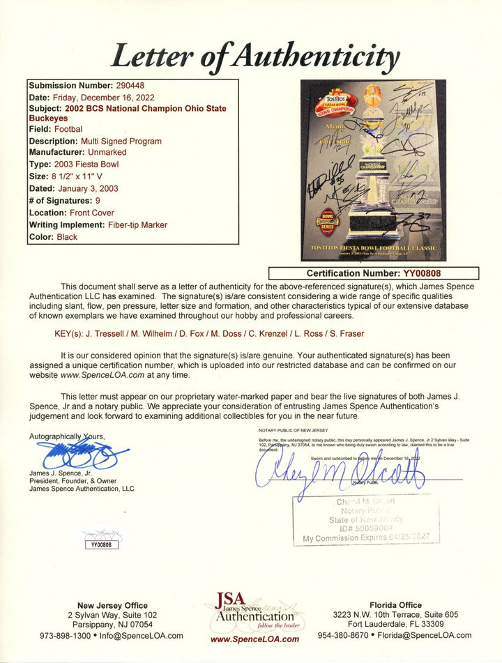 Jim Tressel +8 Signed Ohio State Buckeyes 2003 Fiesta Bowl Magazine JSA 55103