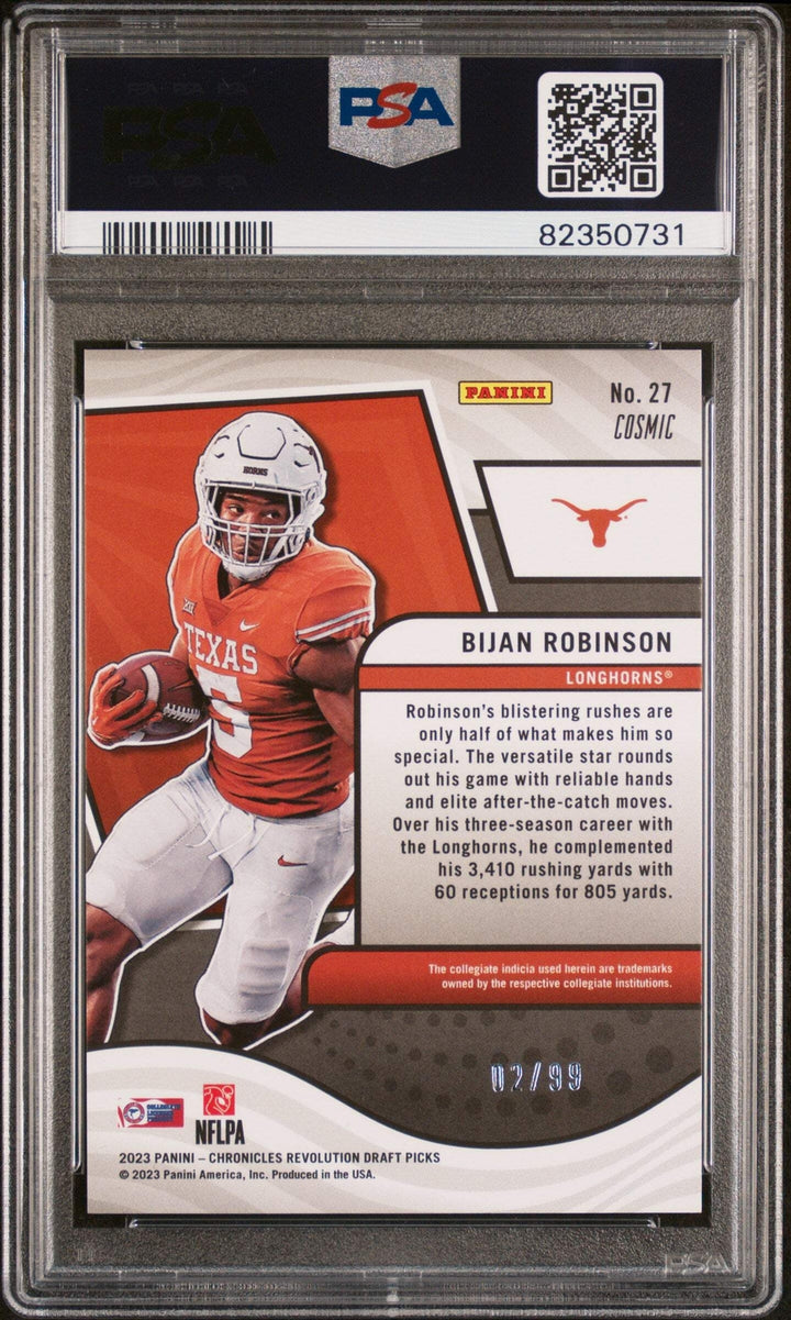 Graded 2023 Chronicles DP Bijan Robinson #27 Cosmic #/99 RC Football Card PSA 10