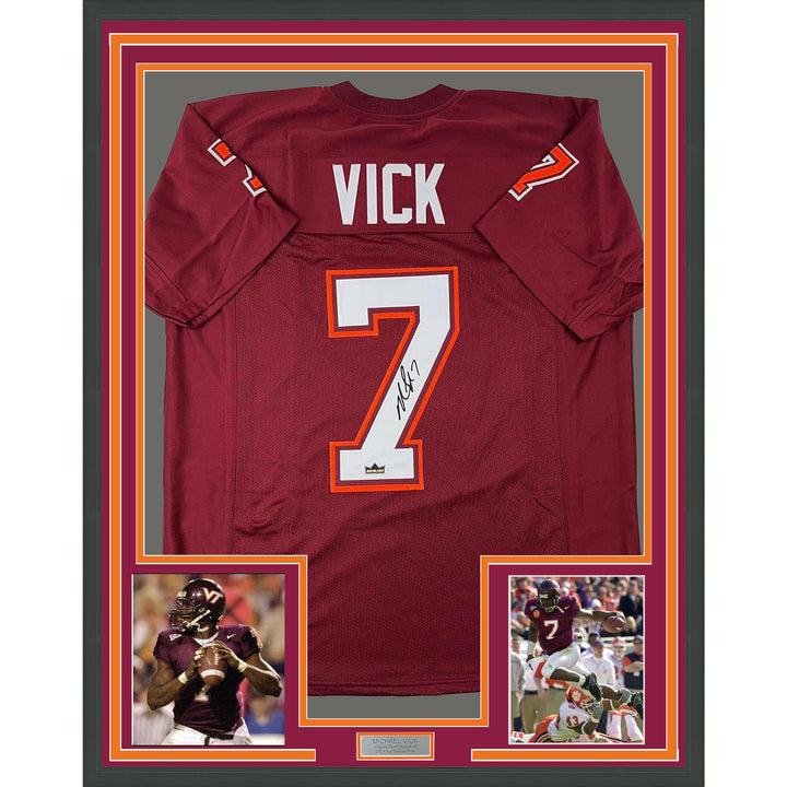 Framed Facsimile Autographed Michael Mike Vick 35x39 VT Maroon Reprint Jersey