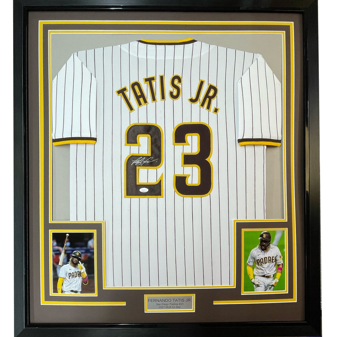 FRAMED Autographed/Signed FERNANDO TATIS JR 33x42 Baseball Jersey JSA COA
