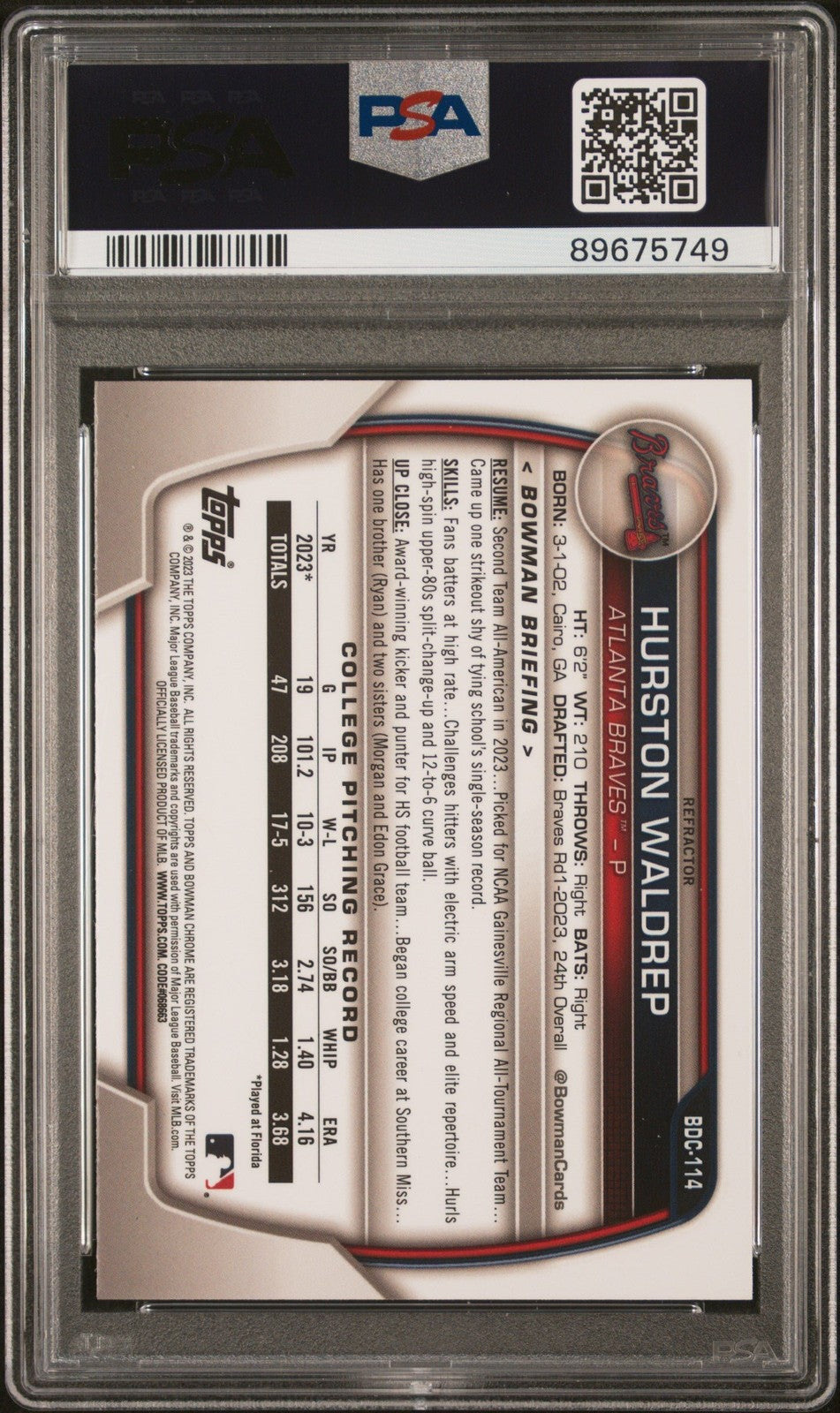 Graded 2023 Bowman Draft Hurston Waldrep #BDC114 Chrome REF Card PSA 10