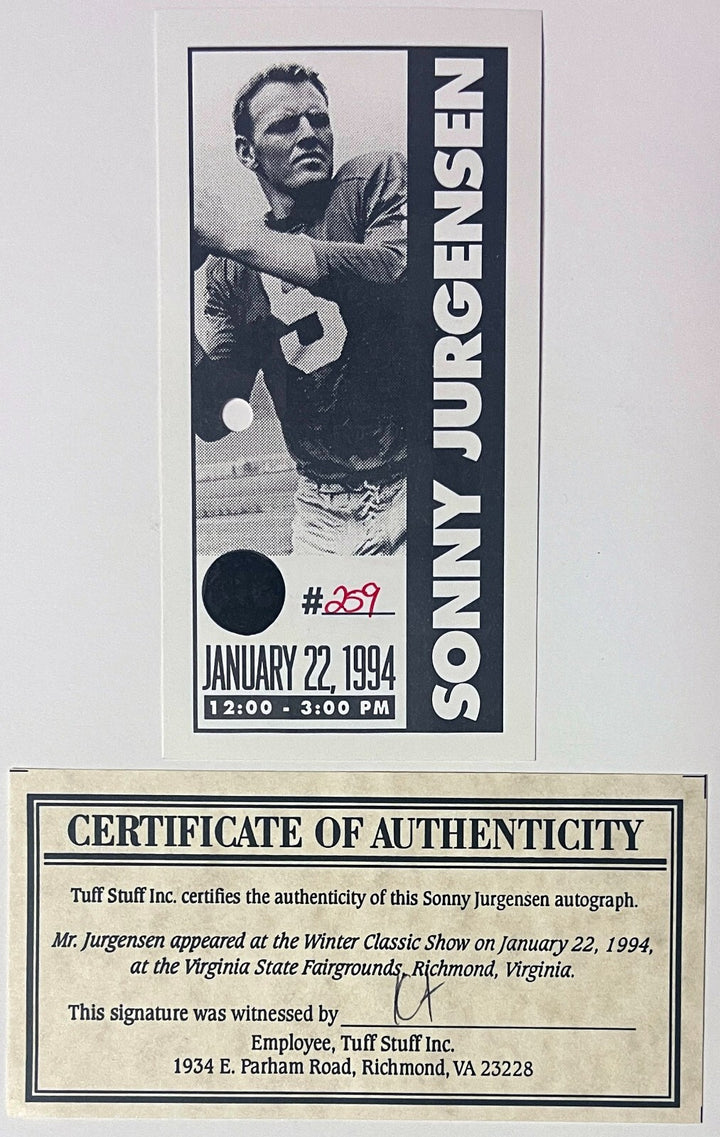 Sonny Jurgensen signed Washington Vintage NFL Licensed 8x10 Photo- COA & Ticket