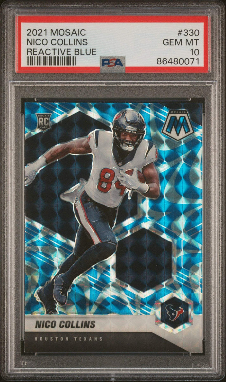 Graded 2021 Panini Mosaic Nico Collins #330 Reactive Blue Football Card PSA 10