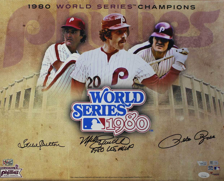 Pete Rose Steve Carlton & Mike Schmidt Signed Phillies 16x20 Photo JSA FAN 30092