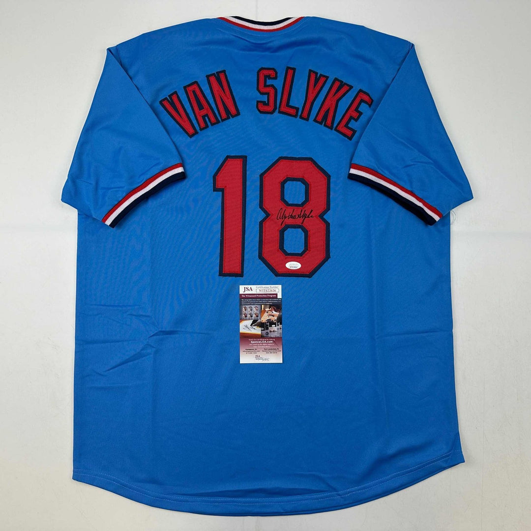 Autographed/Signed Andy Van Slyke St. Louis Blue Baseball Jersey JSA COA