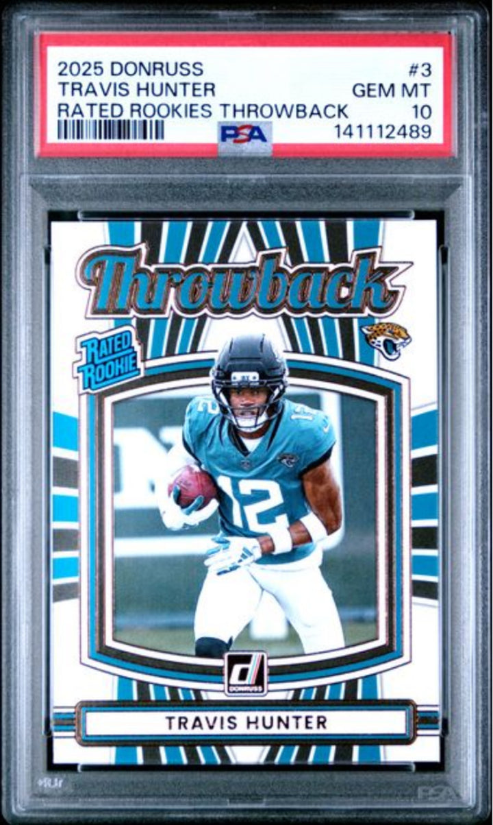 Graded 2025 Donruss Travis Hunter #3 Rated Rookie Throwback Football Card PSA 10