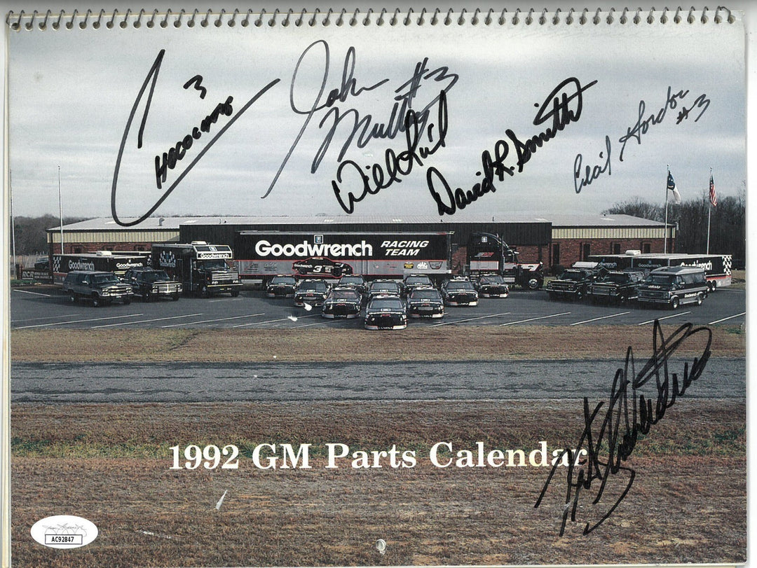 1992 GM Parts Calendar signed 6 sigs Flying Aces Chocolate Myers/Earnhardt -JSA