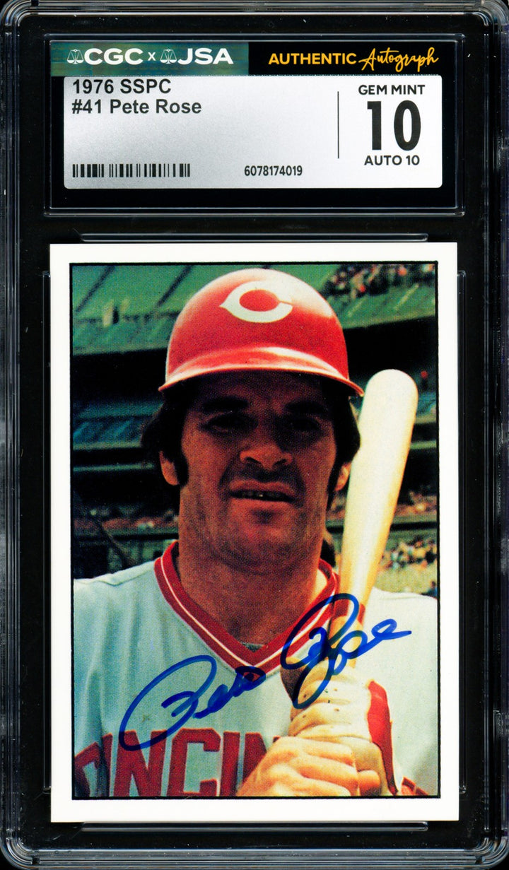 Pete Rose Signed 1976 SSPC Card 41 Reds Card 10 Auto GM 10 CGC x JSA