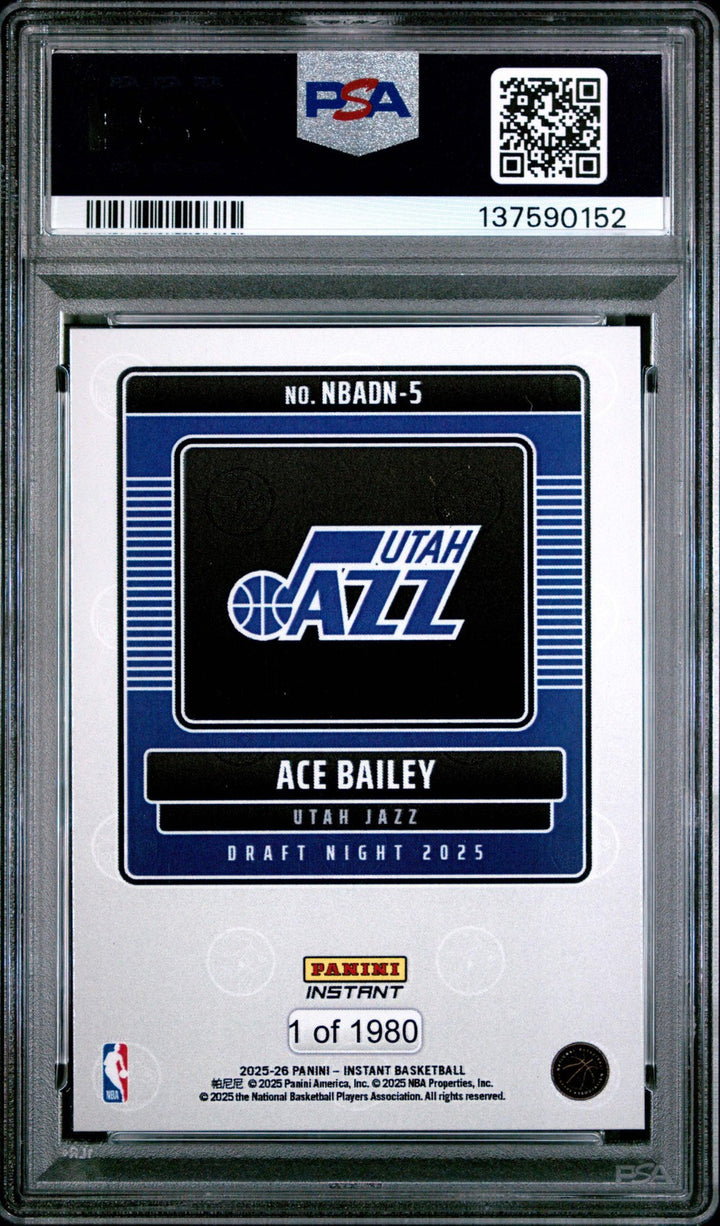Graded 2025 Panini Instant Ace Bailey #5 Rookie RC Basketball Card PSA 10 Mint