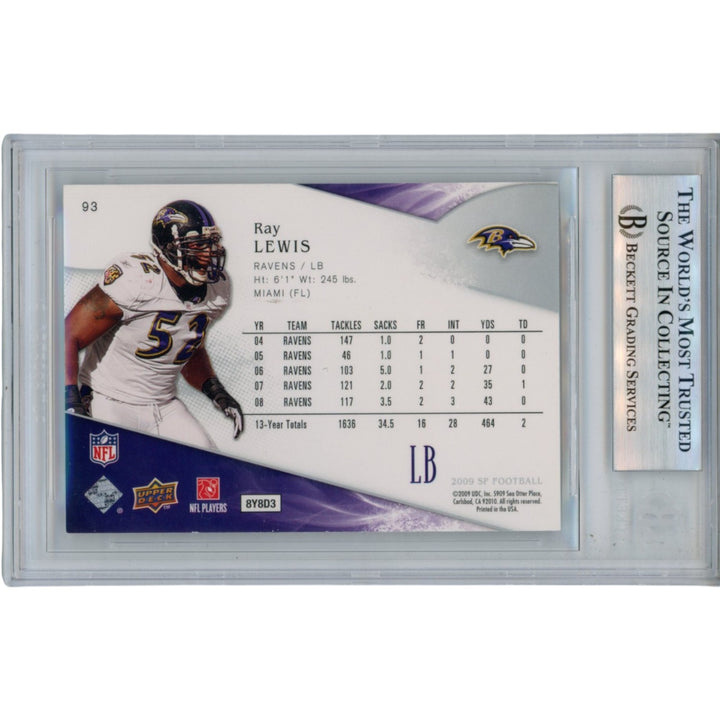 Ray Lewis Autographed/Signed 2009 UD SP Gold #93 Trading Card Slab Beckett 53457