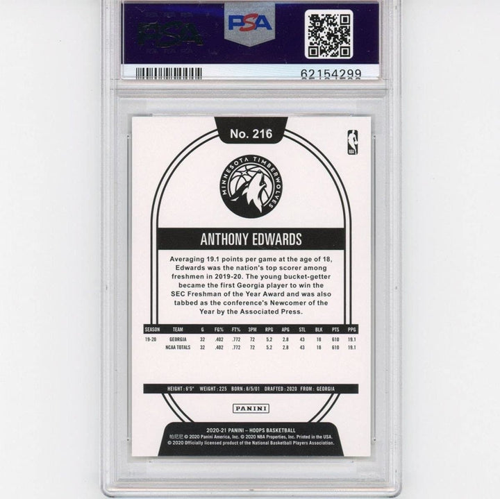 Graded 2020-21 Panini Hoops ANTHONY EDWARDS #216 Rookie Card PSA 10
