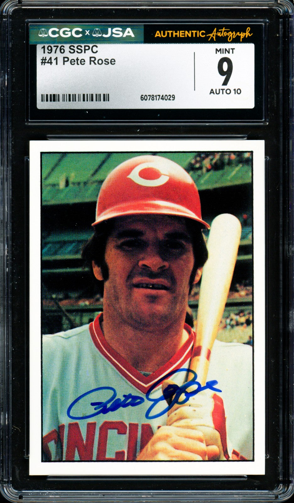 Pete Rose Signed 1976 SSPC Card 41 Reds Card 9 Auto GM 10 CGC x JSA