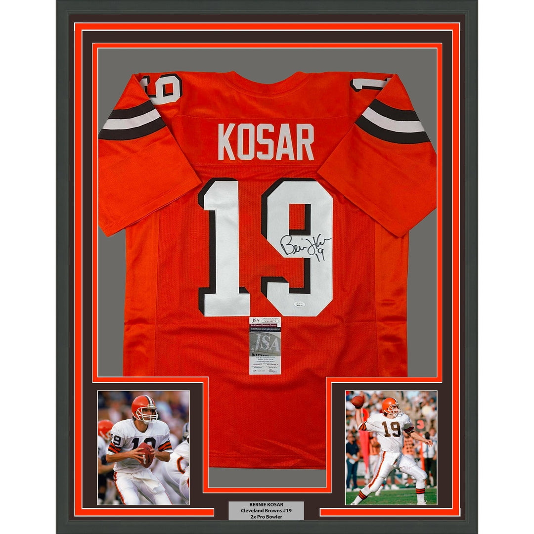 Framed Signed Bernie Kosar 35x39 Cleveland Orange Jersey JSA COA