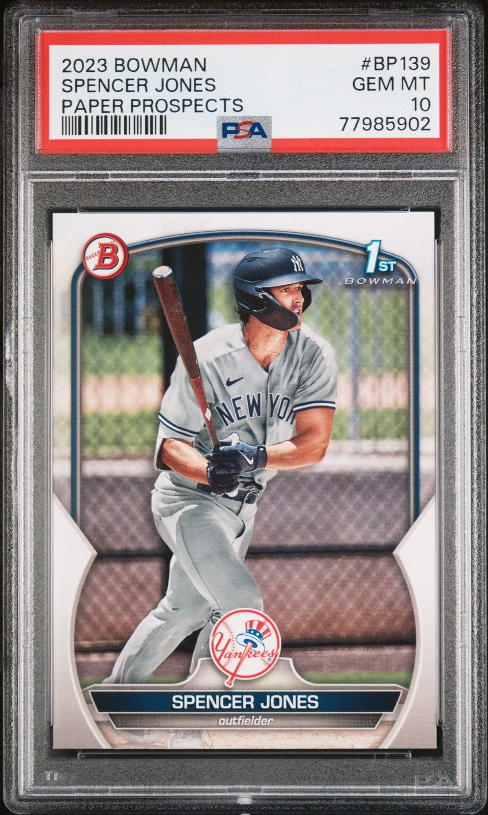 Graded 2023 Bowman Spencer Jones #BP139 Paper Prospects RC Card PSA 10