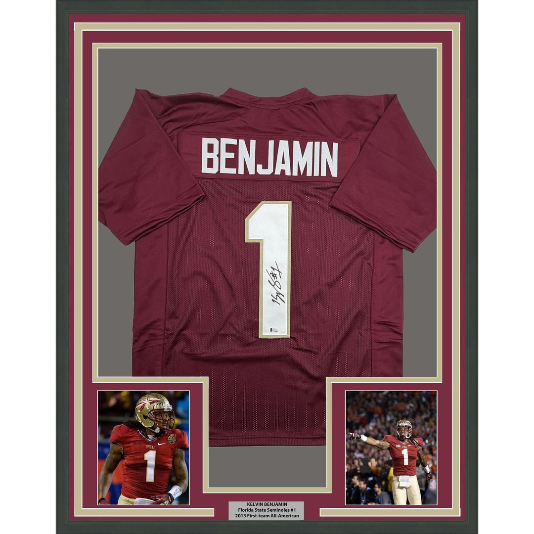 Framed Autographed/Signed Kelvin Benjamin 35x39 FSU Jersey Beckett BAS COA