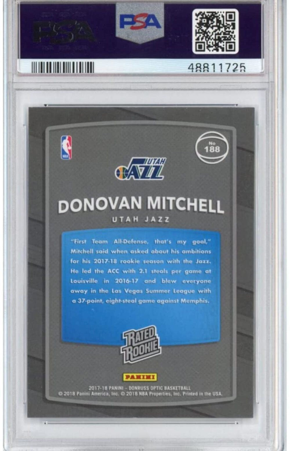 Graded 2017-18 Panini Donruss Optic DONOVAN MITCHELL #188 Rookie RC Card PSA 10