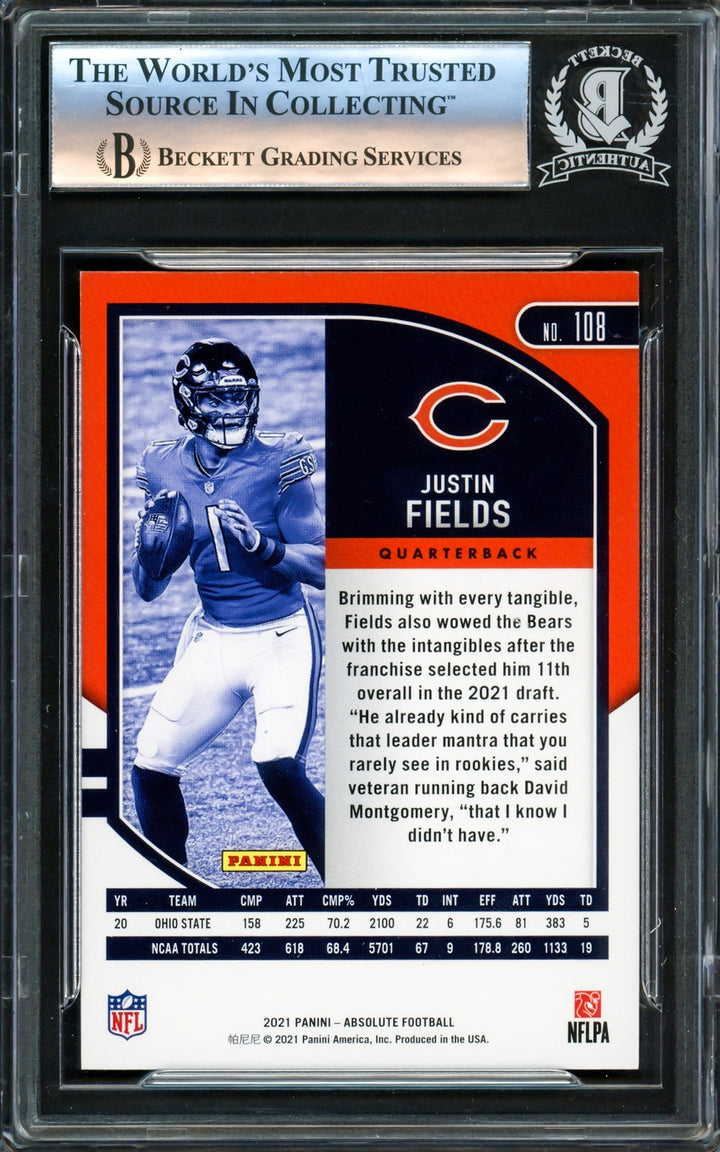 Justin Fields Autographed Signed 2021 Absolute RC 108 Chicago Bears Beckett