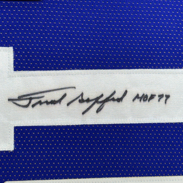 FRAMED Autographed/Signed FRANK GIFFORD HOF 33x42 New York Blue Jersey JSA COA