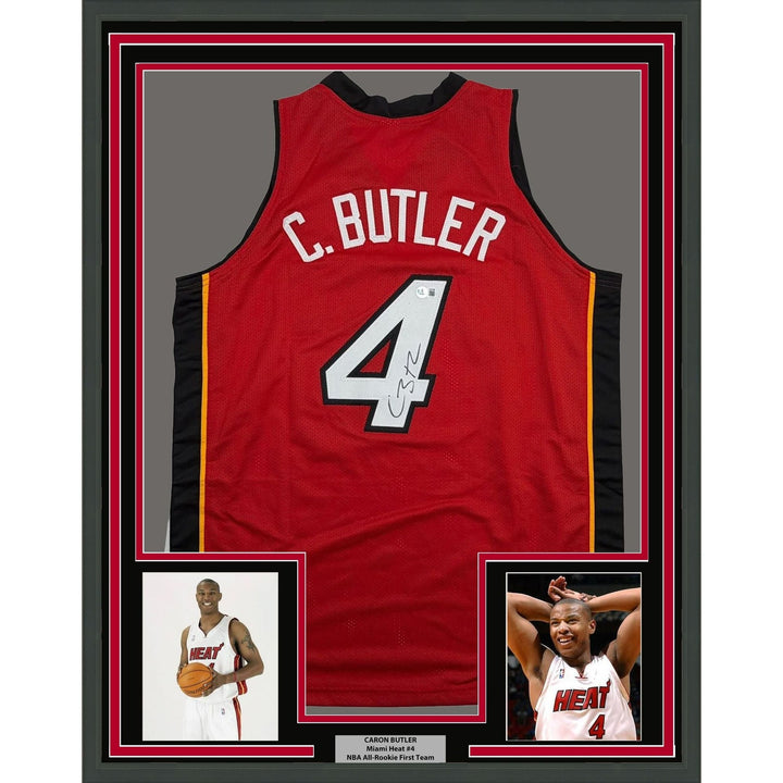 Framed Autographed/Signed Caron Butler 35x39 Miami Red Jersey Beckett COA