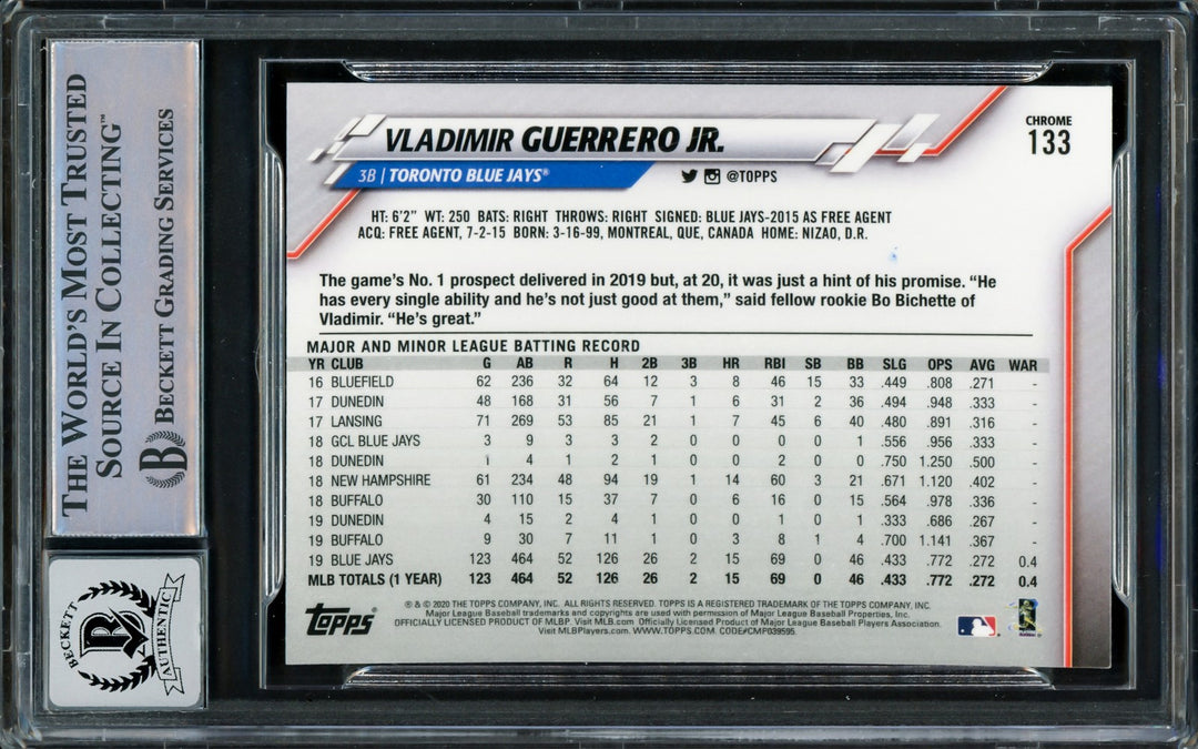 Vladimir Guerrero Jr. Auto 2020 Topps Chrome Card 133 Blue Jays Auto 10 Beckett