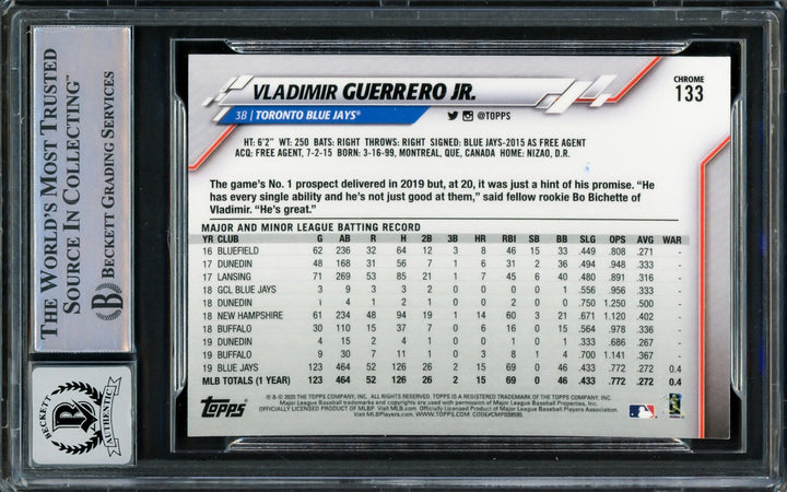 Vladimir Guerrero Jr. Auto 2020 Topps Chrome Card 133 Blue Jays Auto 10 Beckett