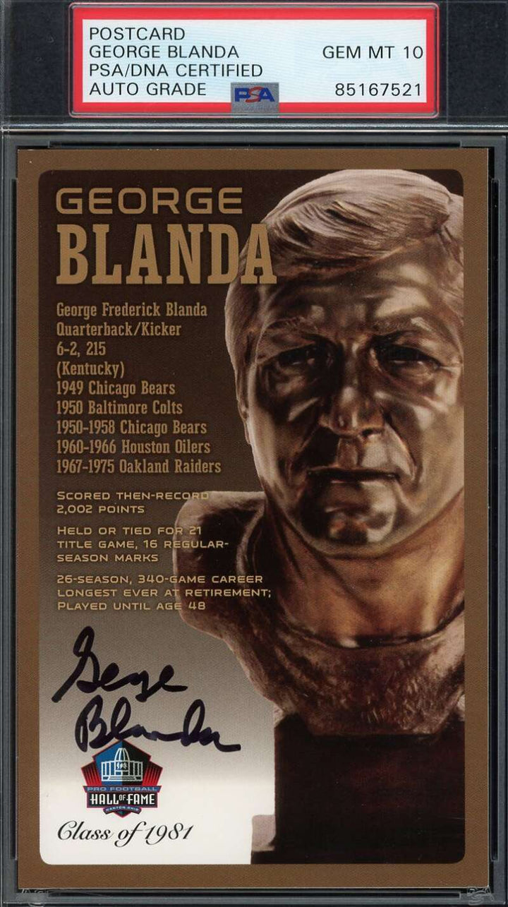 George Blanda Gem Mint 10 PSA DNA Signed HoF Bronze Bust Postcard /150 Autograph