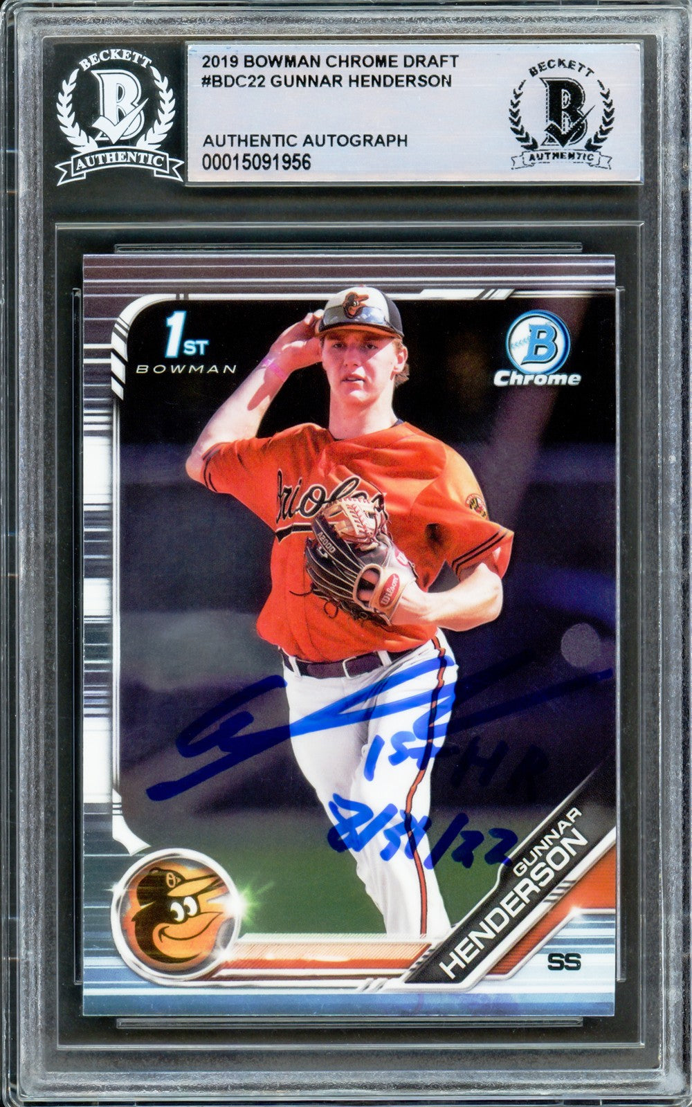 Gunnar Henderson Auto 2019 Bowman Draft Chrome RC BDC-22 1st HR 8/31/22 Beckett