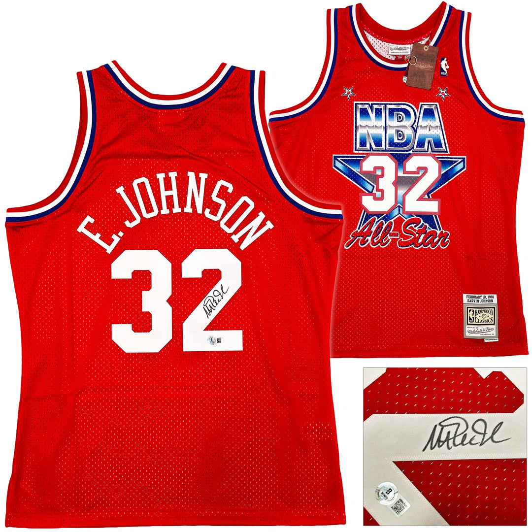 Lakers Magic Johnson Auto Red Mitchell Ness 1991 ASG Swingman Jersey XXL Beckett