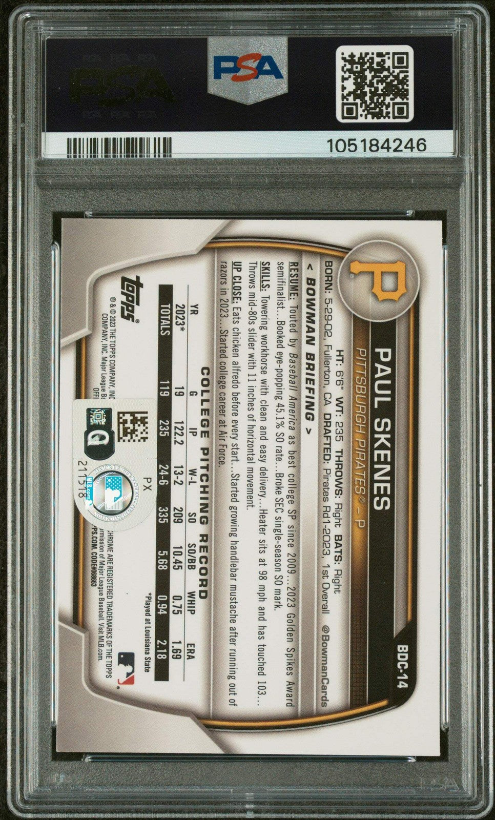 Graded 2023 Bowman Draft Paul Skenes #BDC14 Chrome RC Baseball Card PSA 10 Auto
