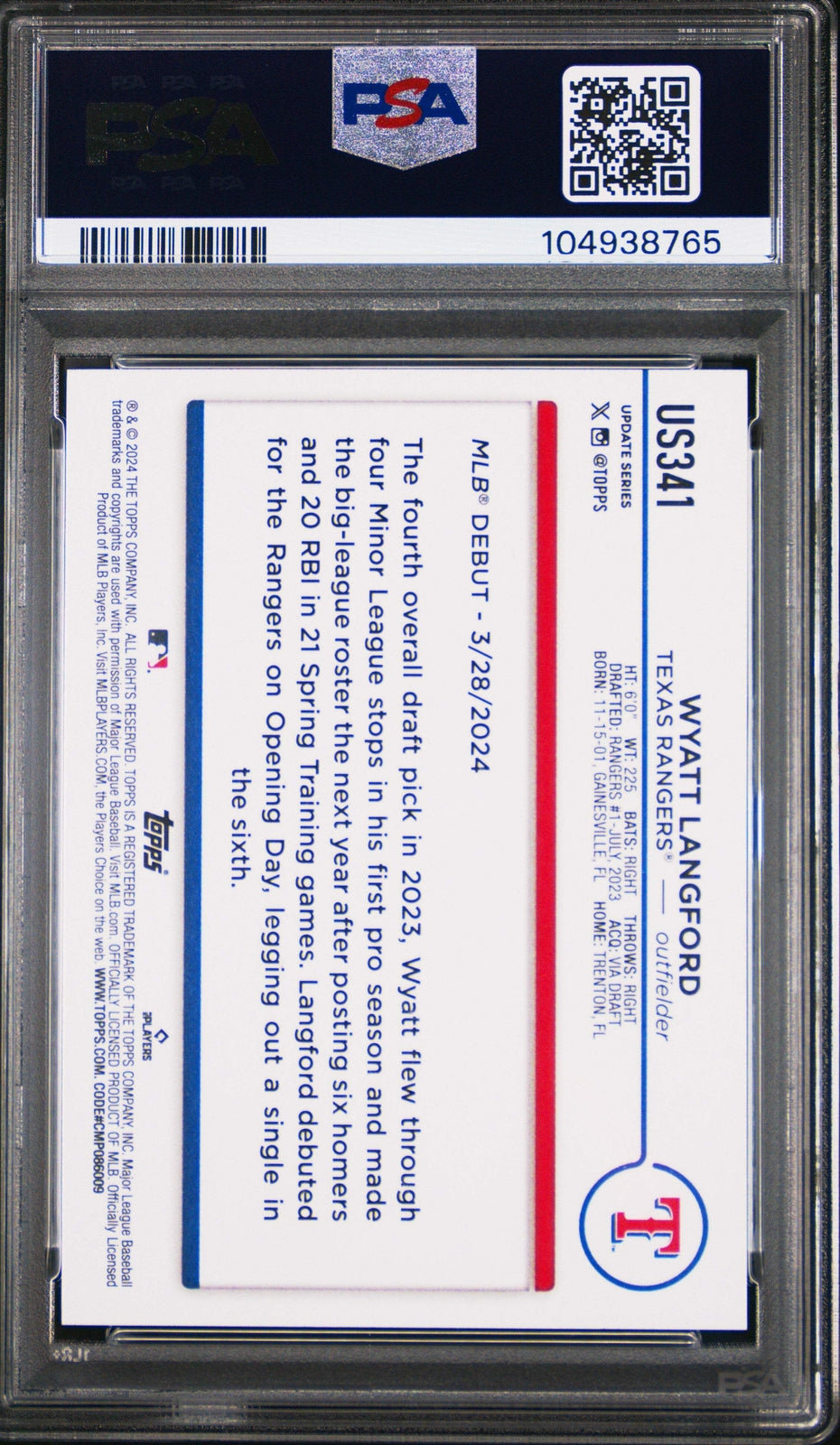 Graded 2024 Topps Update Wyatt Langford #US341 Rookie RC Baseball Card PSA 10