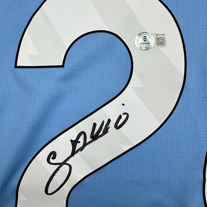 Framed Autographed/Signed Savinho 35x39 Manchester City Blue Jersey BAS COA