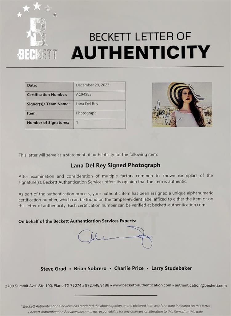 Lana Del Rey signed 11x14 photo singer full autograph ~ Beckett BAS