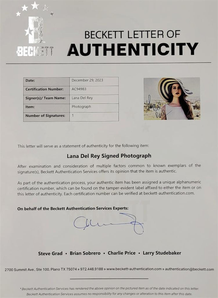 Lana Del Rey signed 11x14 photo singer full autograph ~ Beckett BAS