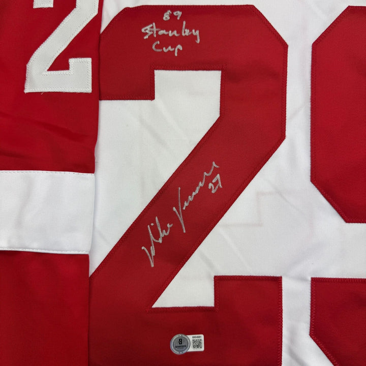 Autographed/Signed Mike Vernon Detroit White Hockey Jersey Beckett BAS COA