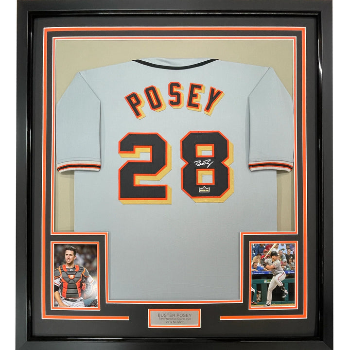 Framed Facsimile Autographed Buster Posey 33x42 Grey Reprint Laser Auto Jersey
