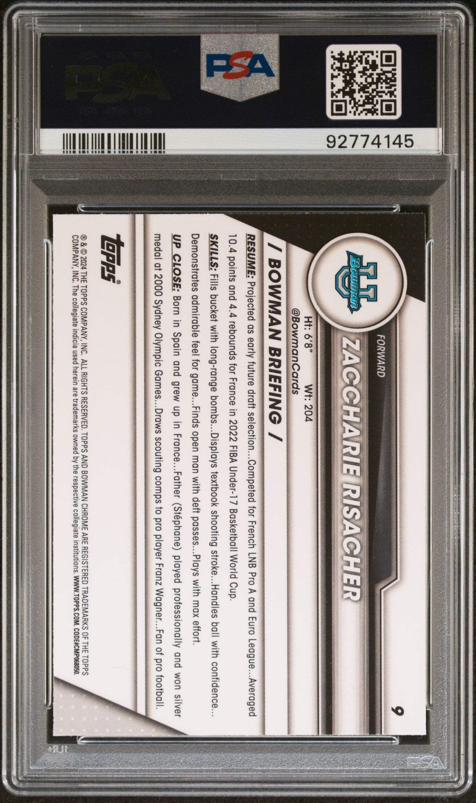 Graded 2023 Topps Bowman U Sapphire Zaccharie Risacher #9 Basketball Card PSA 10