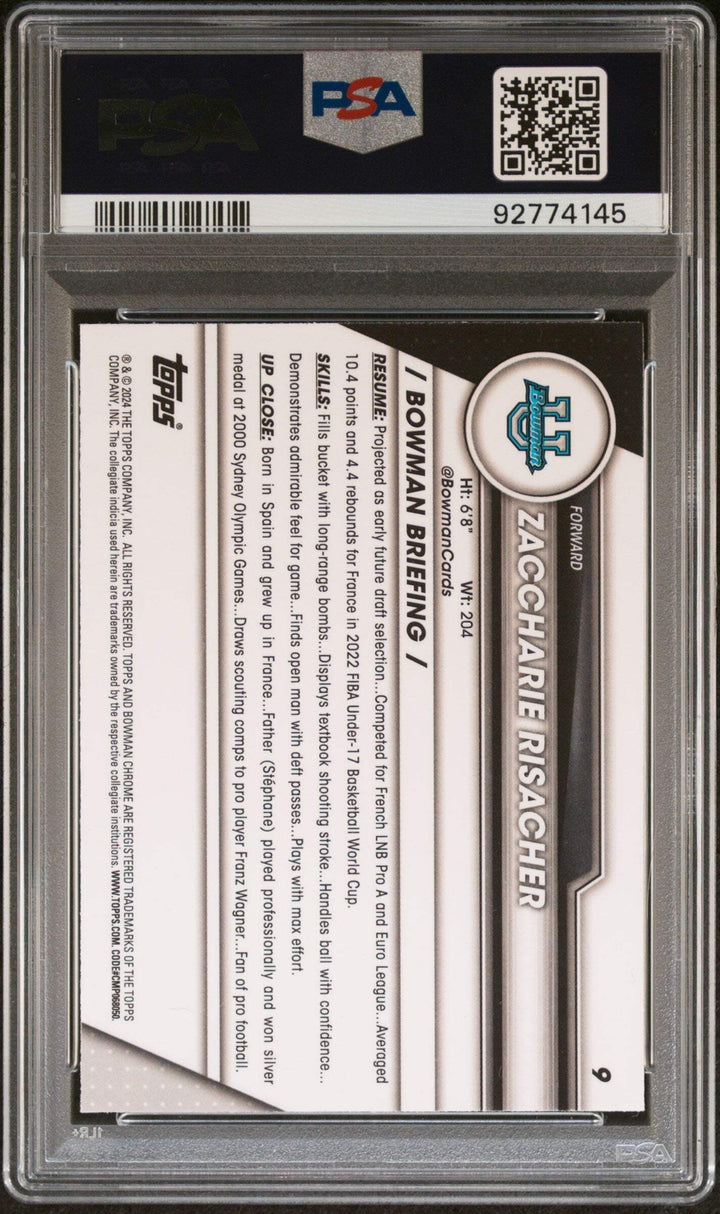 Graded 2023 Topps Bowman U Sapphire Zaccharie Risacher #9 Basketball Card PSA 10