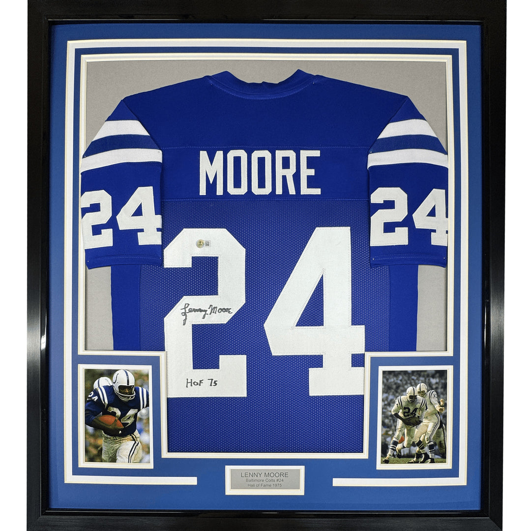 Framed Signed Lenny Moore 35x39 HOF 75 Baltimore Blue Jersey JSA COA