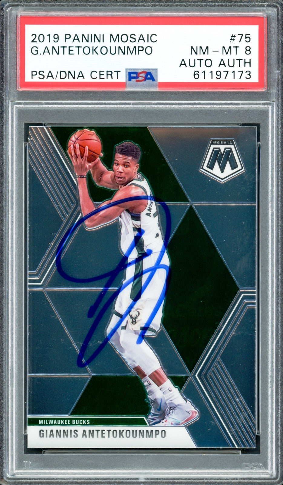 Giannis Antetokounmpo Auto Signed 2019 Panini Mosaic Card 75 Bucks PSA 8 PSA/DNA