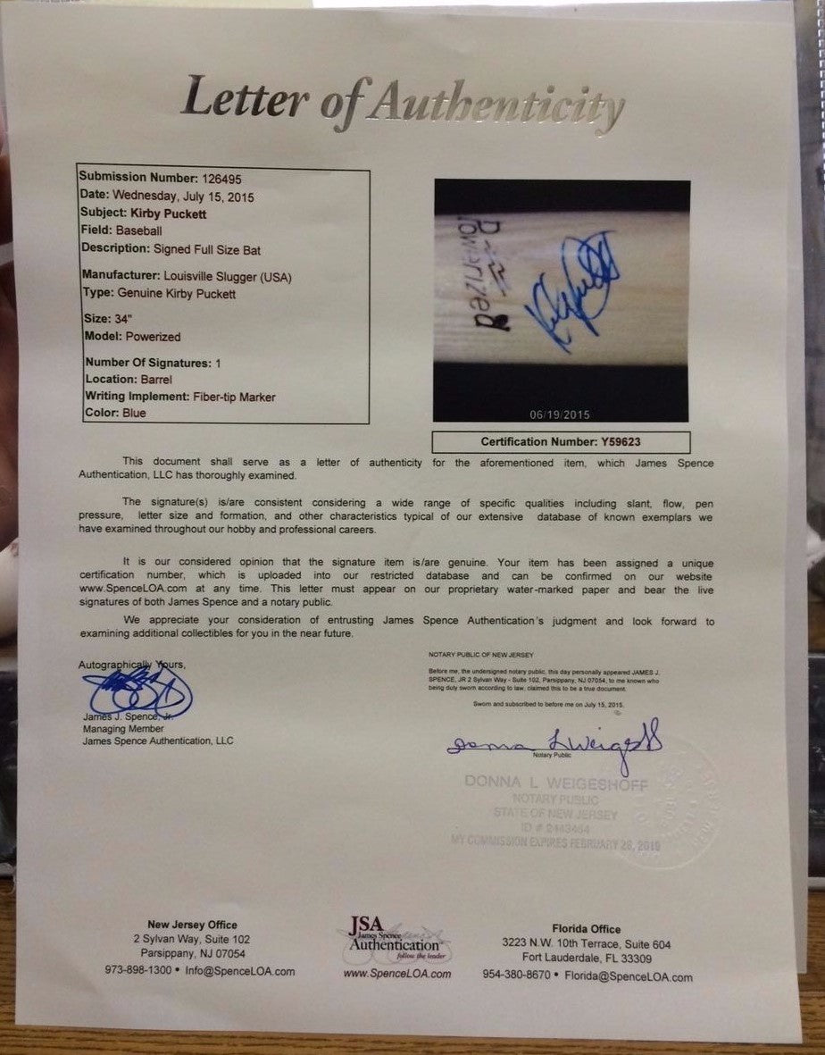 Kirby Puckett Signed Game Model Louisville Slugger Baseball Bat Rare Auto JSA