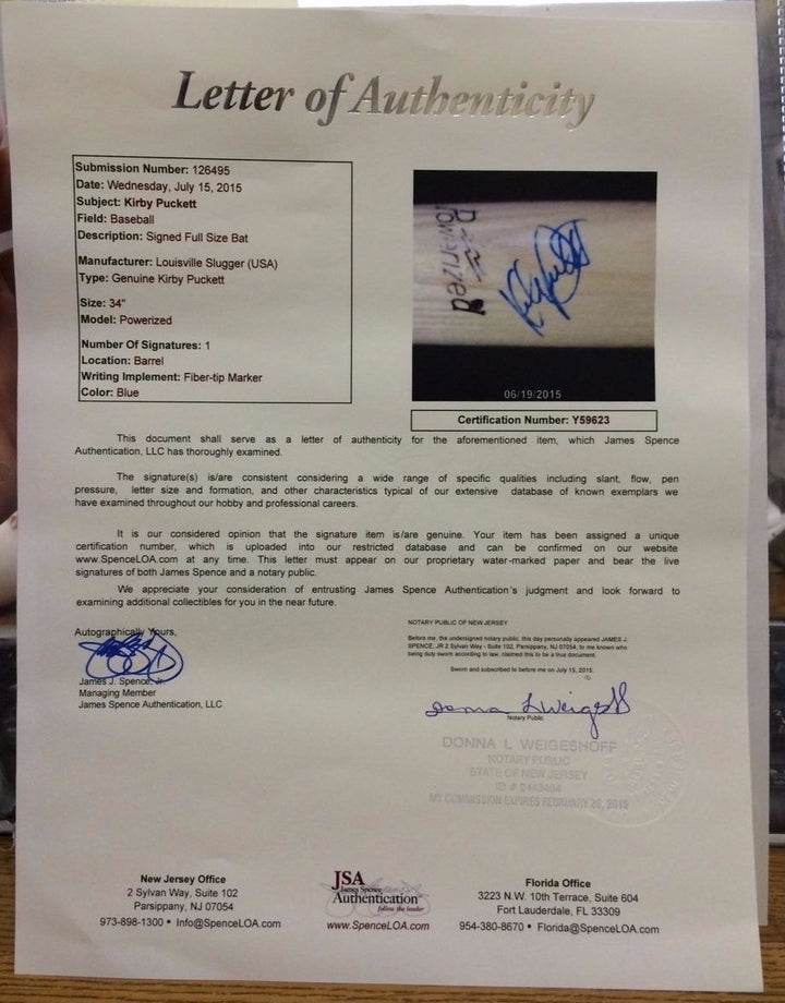 Kirby Puckett Signed Game Model Louisville Slugger Baseball Bat Rare Auto JSA