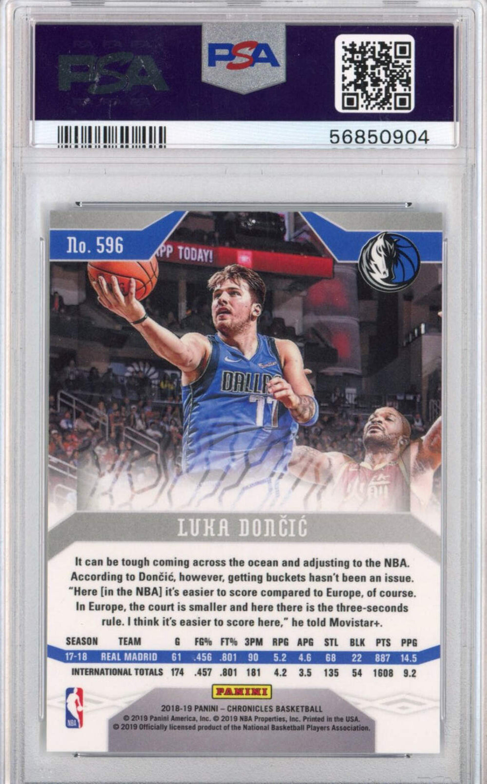 Graded 2018-19 Panini Chronicles Luka Doncic #596 Rookie Basketball Card PSA 10