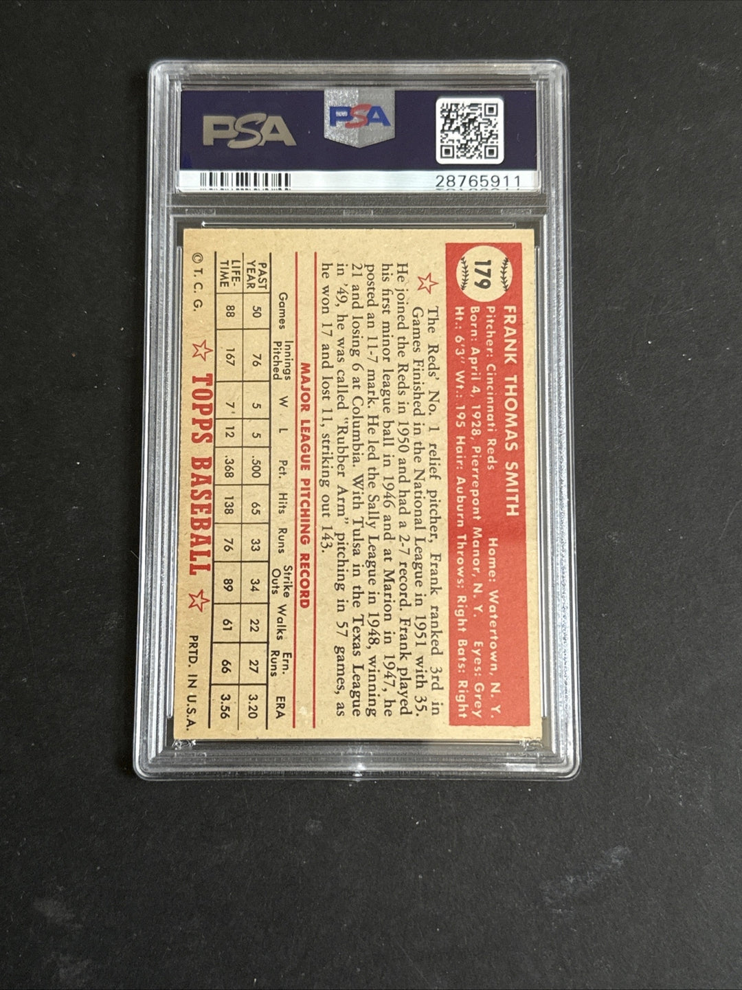 1952 Topps FRANK SMITH #179 PSA 7 Nm Near Mint Razor Sharp Clean Reds