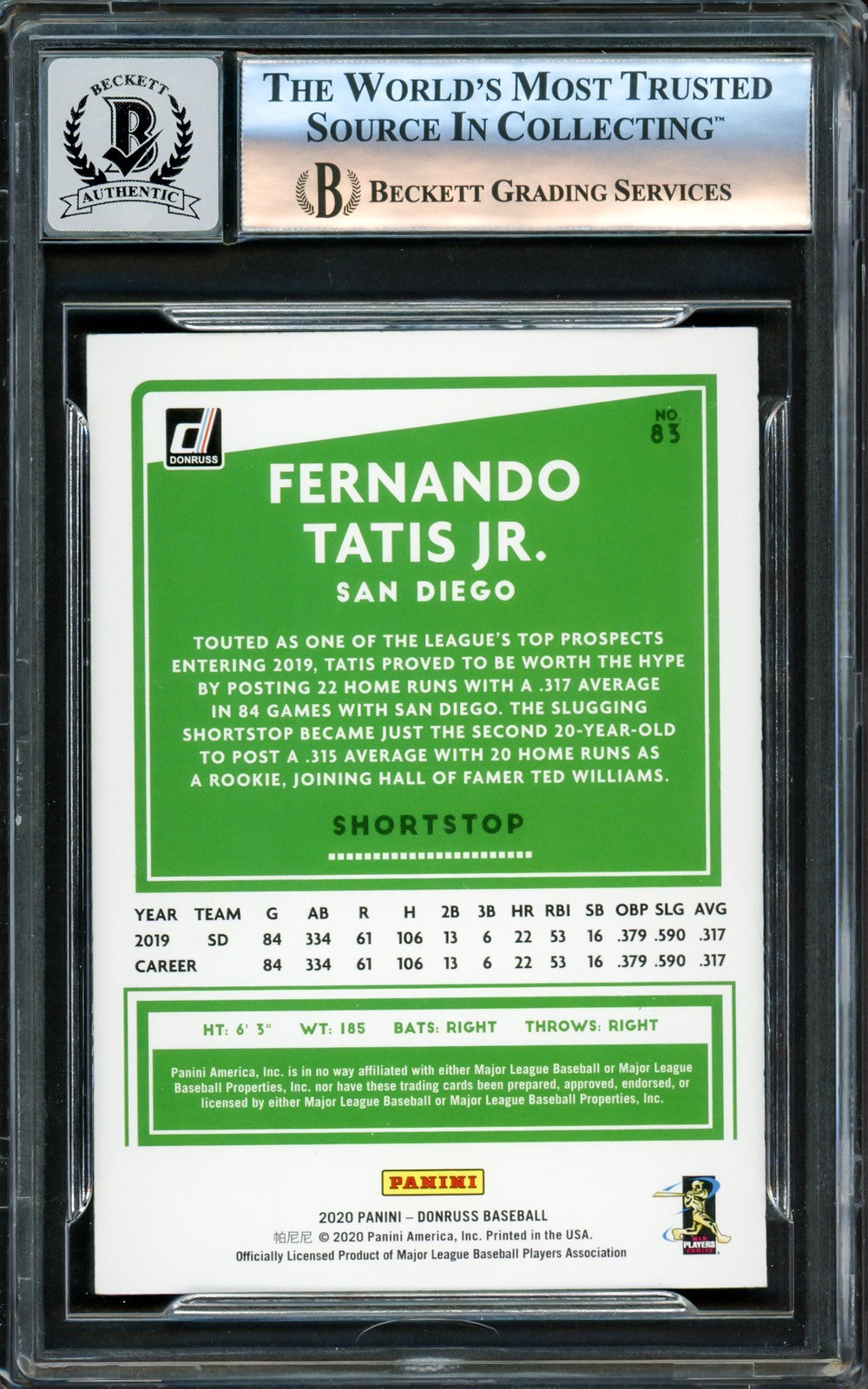 Fernando Tatis Jr. Signed 2020 Donruss Card 83 Padres Auto GM 10 Beckett