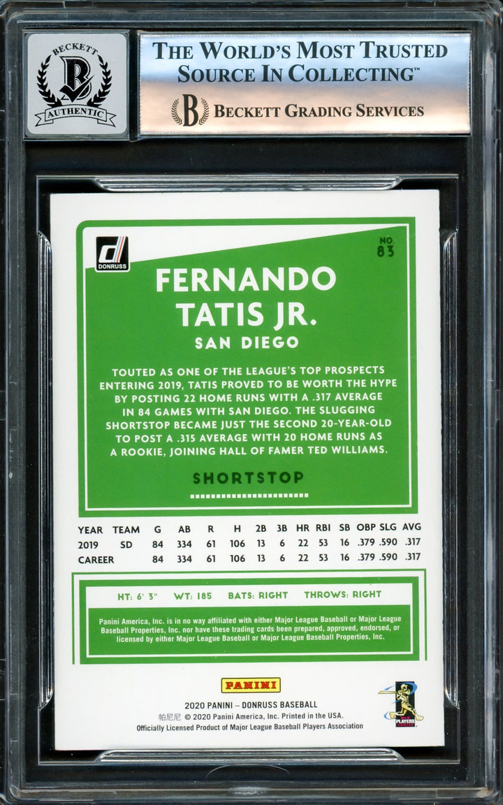 Fernando Tatis Jr. Signed 2020 Donruss Card 83 Padres Auto GM 10 Beckett