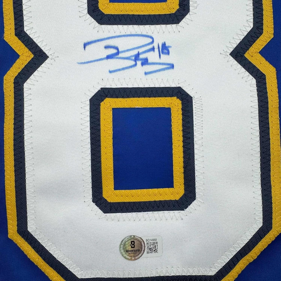 Framed Autographed/Signed Robert Thomas 35x39 St. Louis Blue Jersey BAS COA