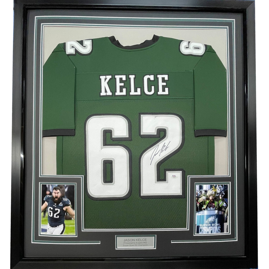 Framed Signed Jason Kelce 35x39 Philadelphia Green Jersey PSA COA