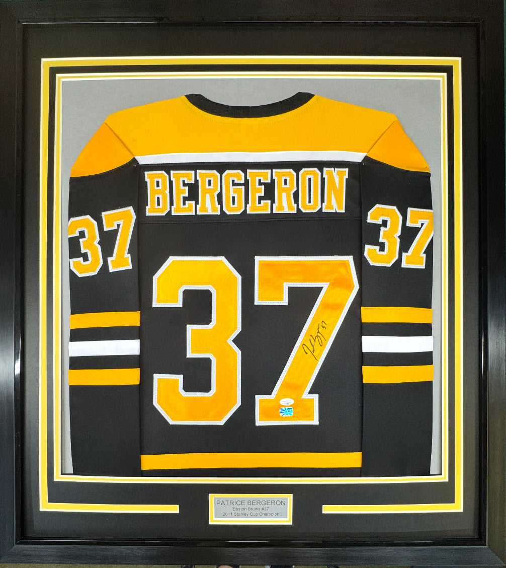 Framed Autographed/Signed Patrice Bergeron 33x42 Boston Black Jersey PSA/DNA COA