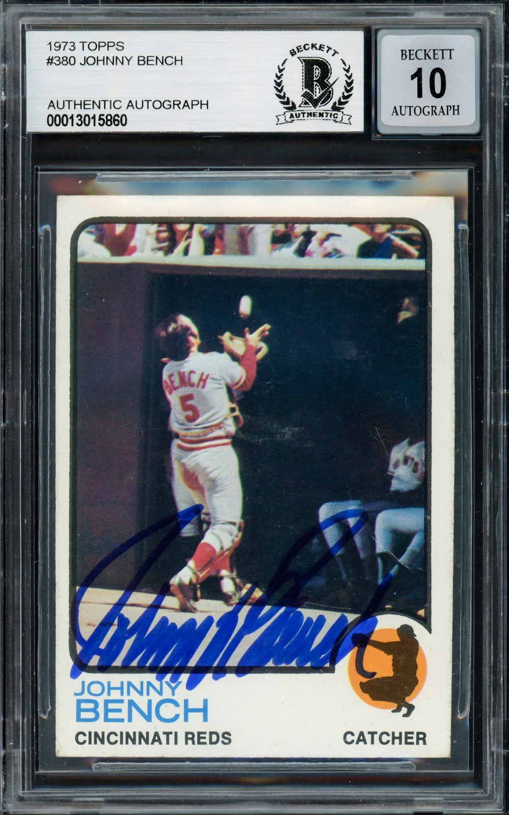 Johnny Bench Signed 1973 Topps Card 380 Reds Auto GM 10 Beckett #13015860
